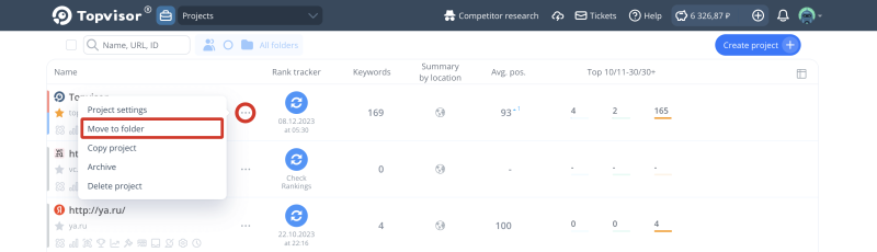 Tags and folders, Project clustering, Folders: How to move a project to a folder
